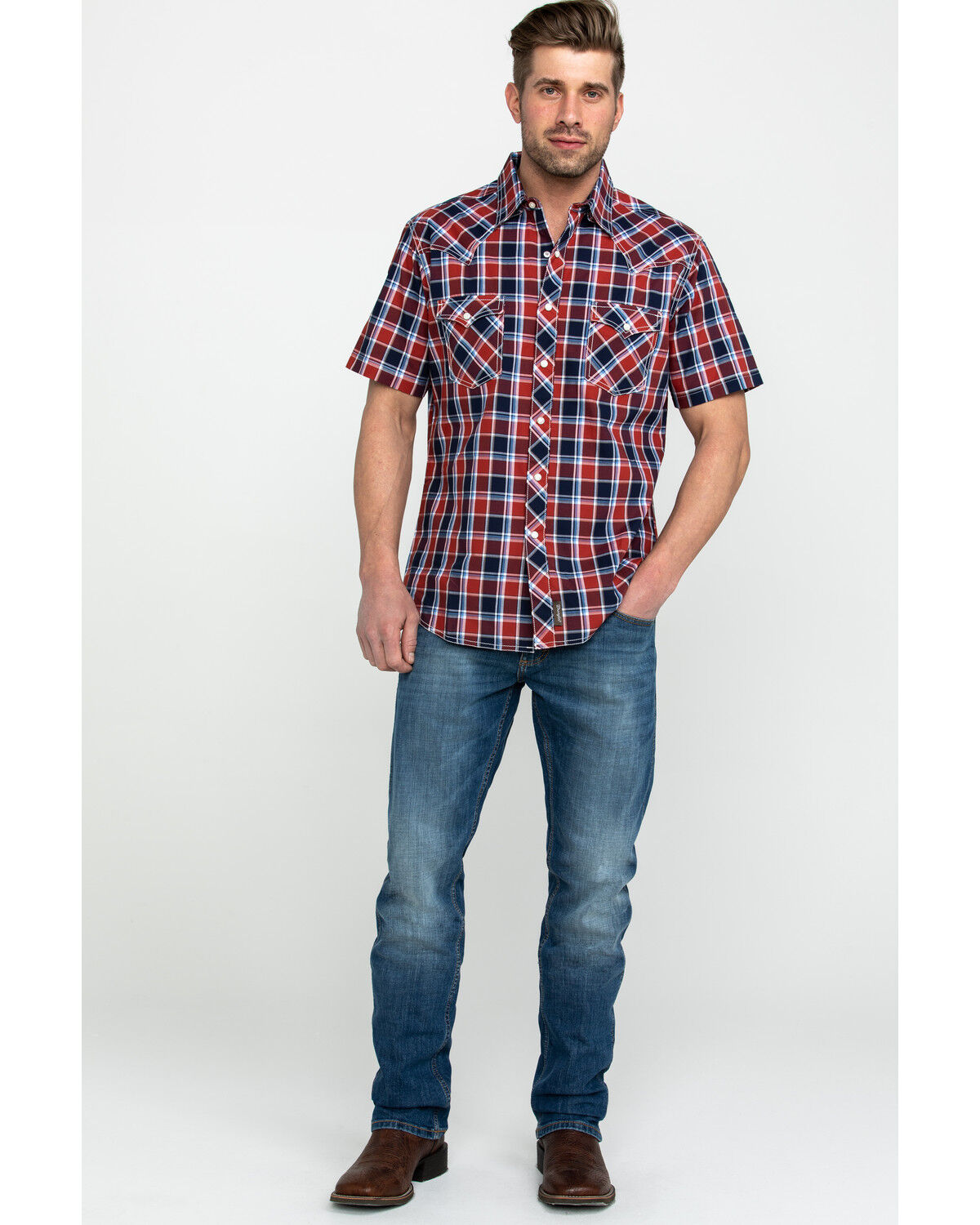 Image #6 - Wrangler Retro Men's Premium Plaid Print Short Sleeve Western Shirt, Navy, hi-res