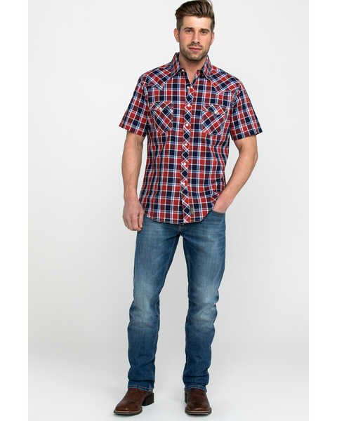 Image #6 - Wrangler Retro Men's Premium Plaid Print Short Sleeve Western Shirt , Navy, hi-res