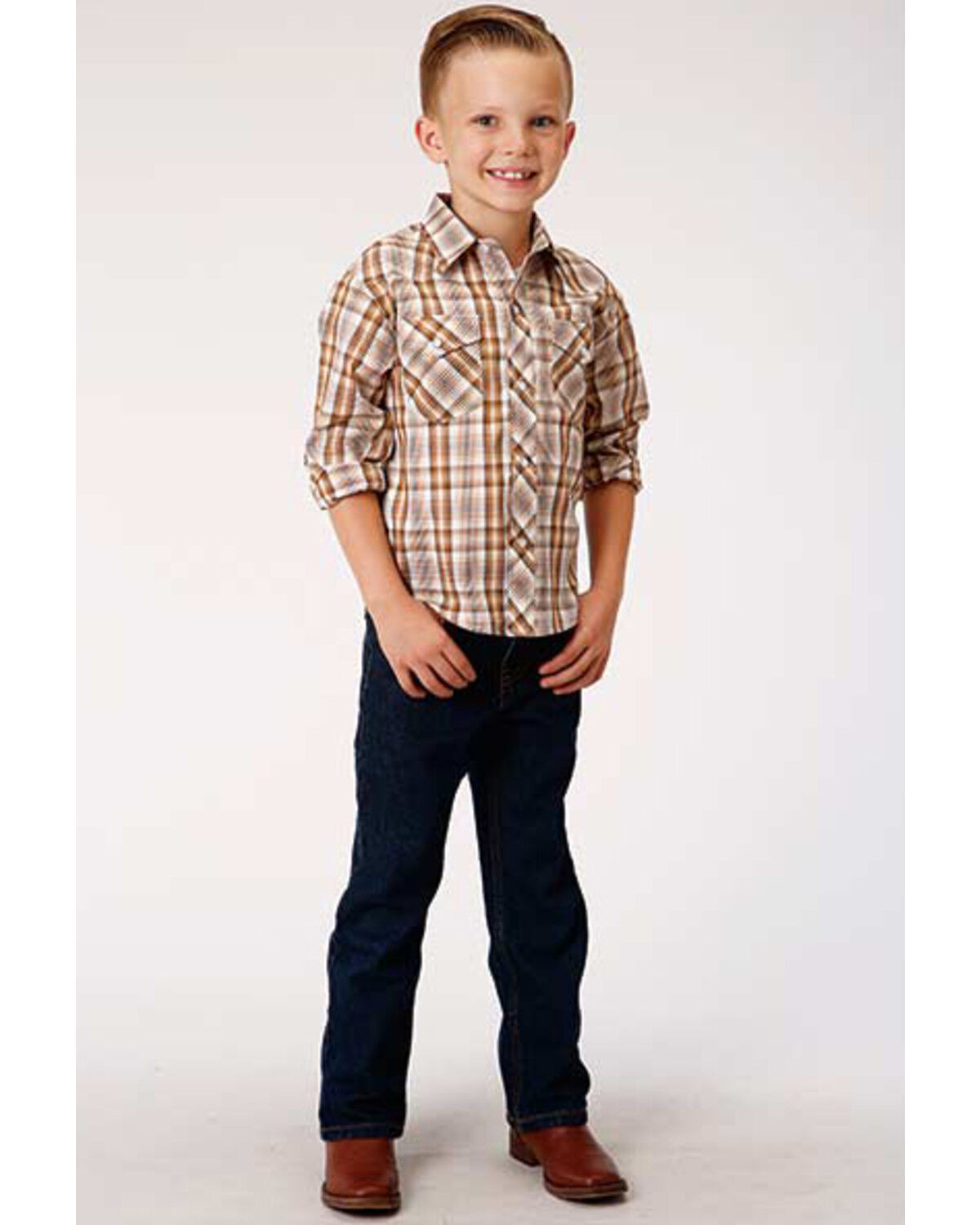 Image #3 - Roper Boys' Classic Brown Plaid Long Sleeve Western Shirt, Brown, hi-res