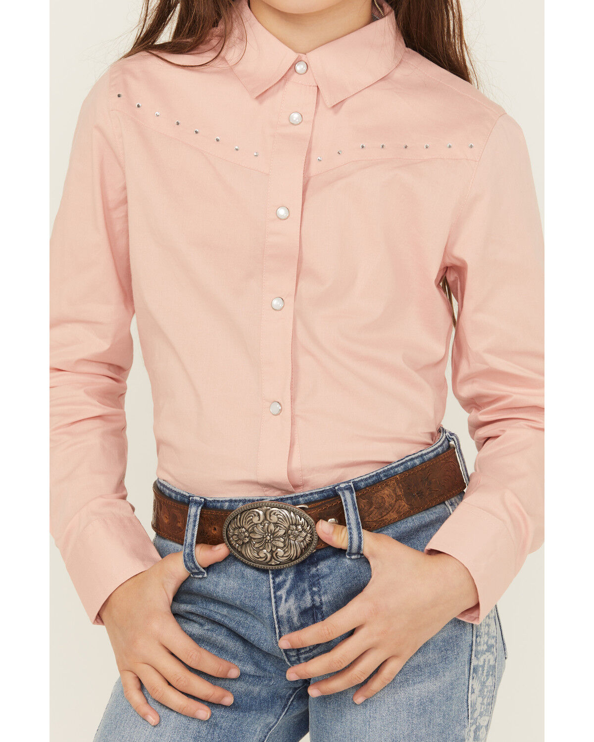 Image #2 - Shyanne Girls' Solid Rhinestone Fringe Long Sleeve Pearl Snap Stretch Western Shirt, Light Pink, hi-res