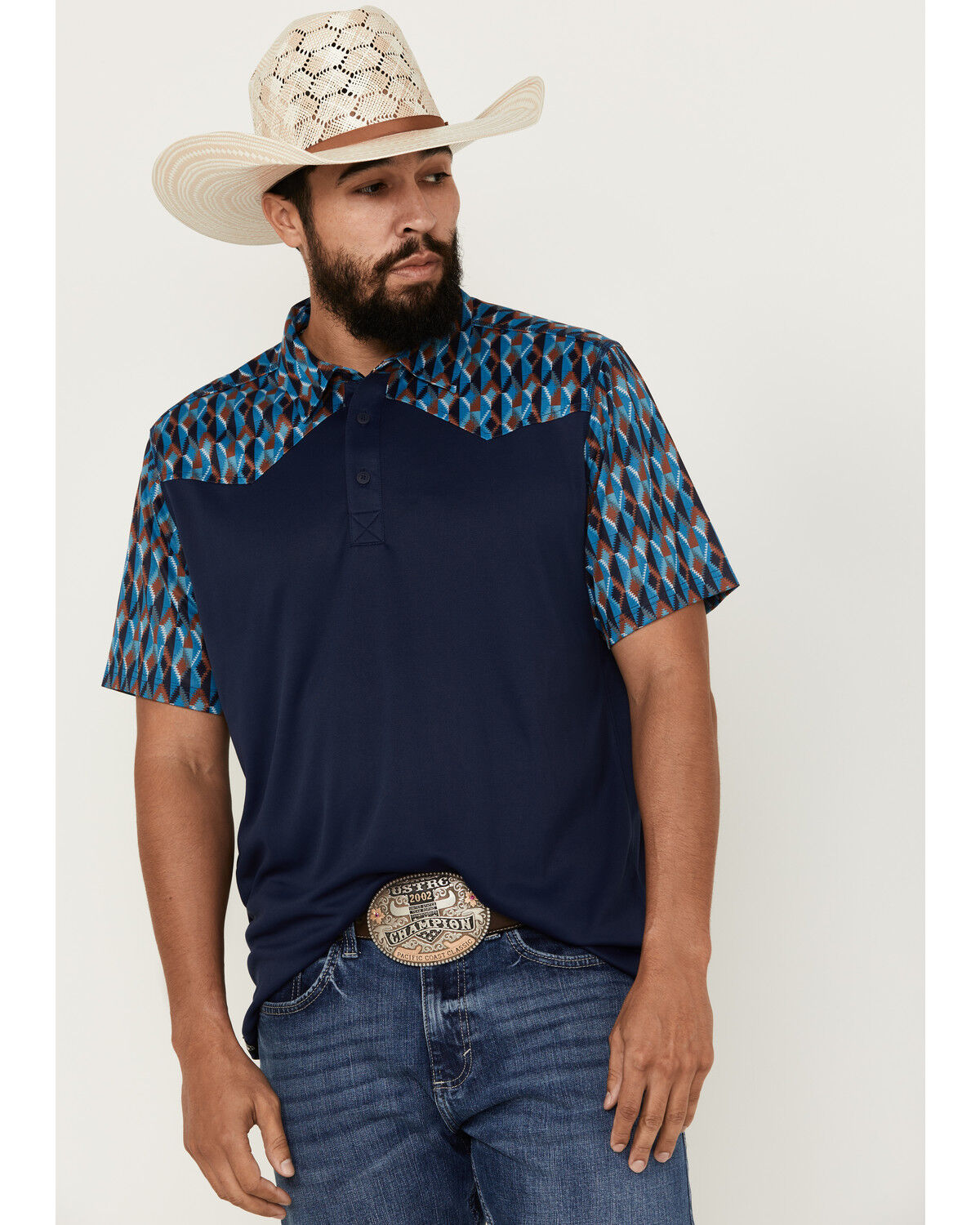 Image #1 - RANK 45® Men's Denton Color Block Short Sleeve Button-Down Polo Shirt, Dark Blue, hi-res