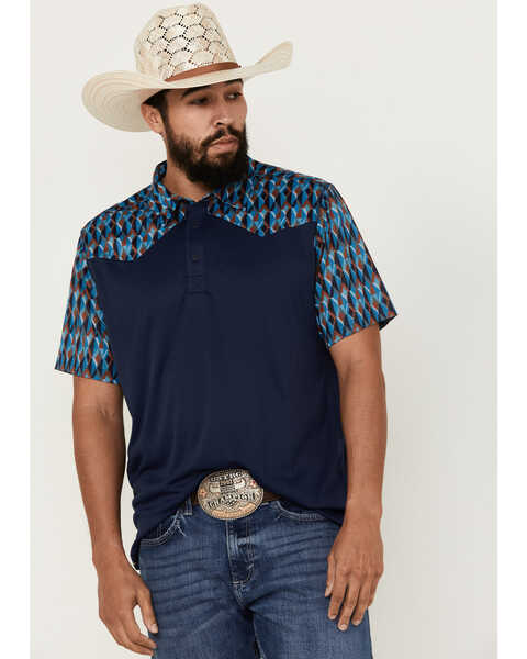 RANK 45® Men's Denton Color Block Short Sleeve Button-Down Polo Shirt , Dark Blue, hi-res