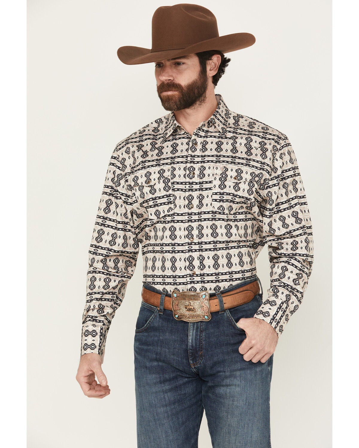 Rodeo Clothing Men's Southwestern Print Long Sleeve Snap Western Shirt, Tan, hi-res