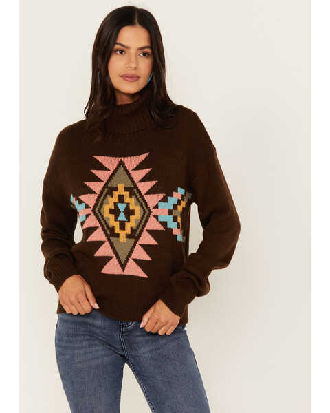 Rock & Roll Denim Women's Southwest Turtleneck Sweater , Brown, hi-res