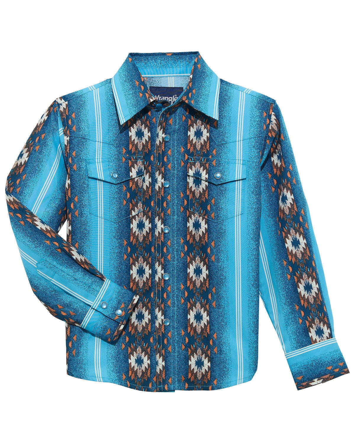 Wrangler Boys' Checotah Southwestern Striped Long Sleeve Pearl Snap Western Shirt, Blue, hi-res