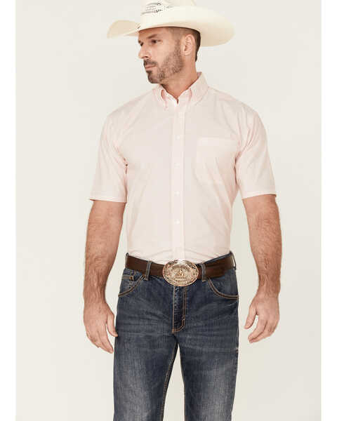 Image #1 - Rough Stock by Panhandle Men's Pinstripe Short Sleeve Button Down Western Shirt , Orange, hi-res