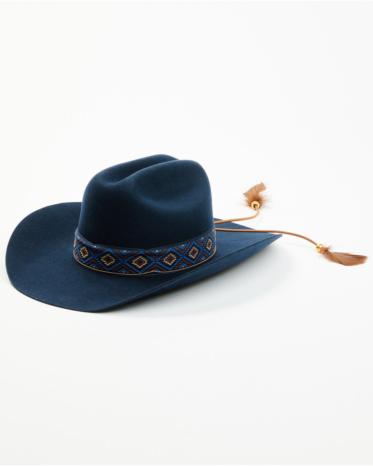 Image #1 - Shyanne Women's Southwestern Print Band Feathered Felt Cowboy Hat, Navy, hi-res