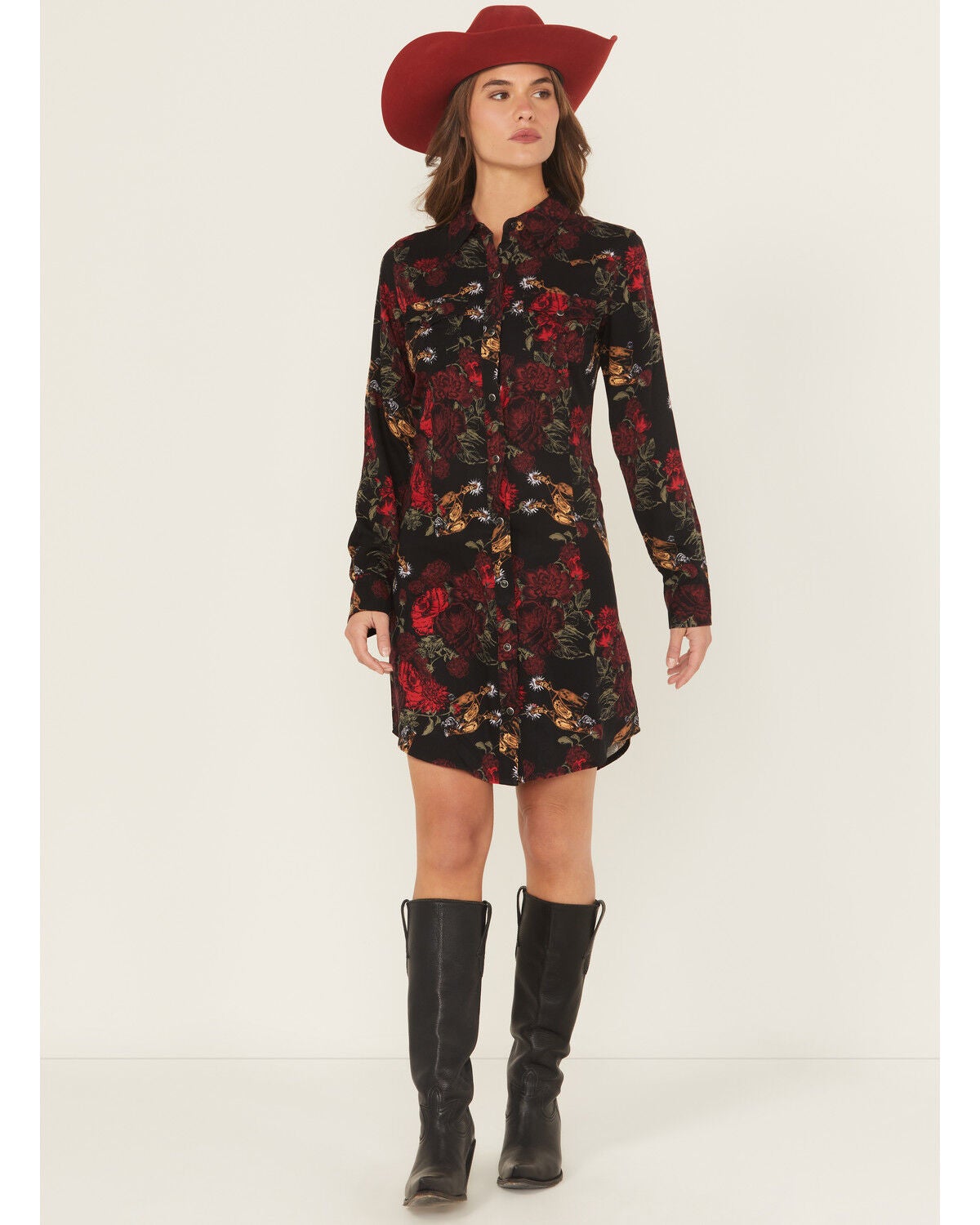 Image #1 - Wrangler Retro Women's Floral Spur Print Long Sleeve Snap Mini Dress, Black, hi-res