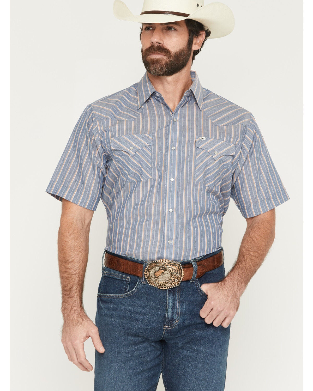 Ely Walker Men's Barbed Wire Striped Short Sleeve Pearl Snap Western Shirt, Blue, hi-res