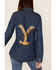 Image #4 - Wrangler X Yellowstone Women's Metallic Screen Print Pearl Snap Denim Shirt, , hi-res