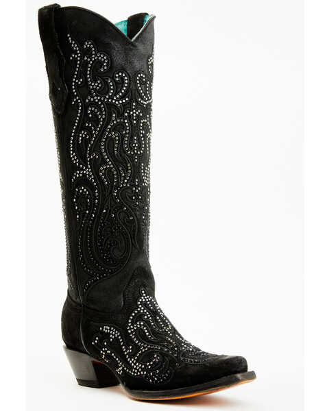 Corral Women's Crystal Embroidered Tall Western Boots - Snip Toe , Black, hi-res