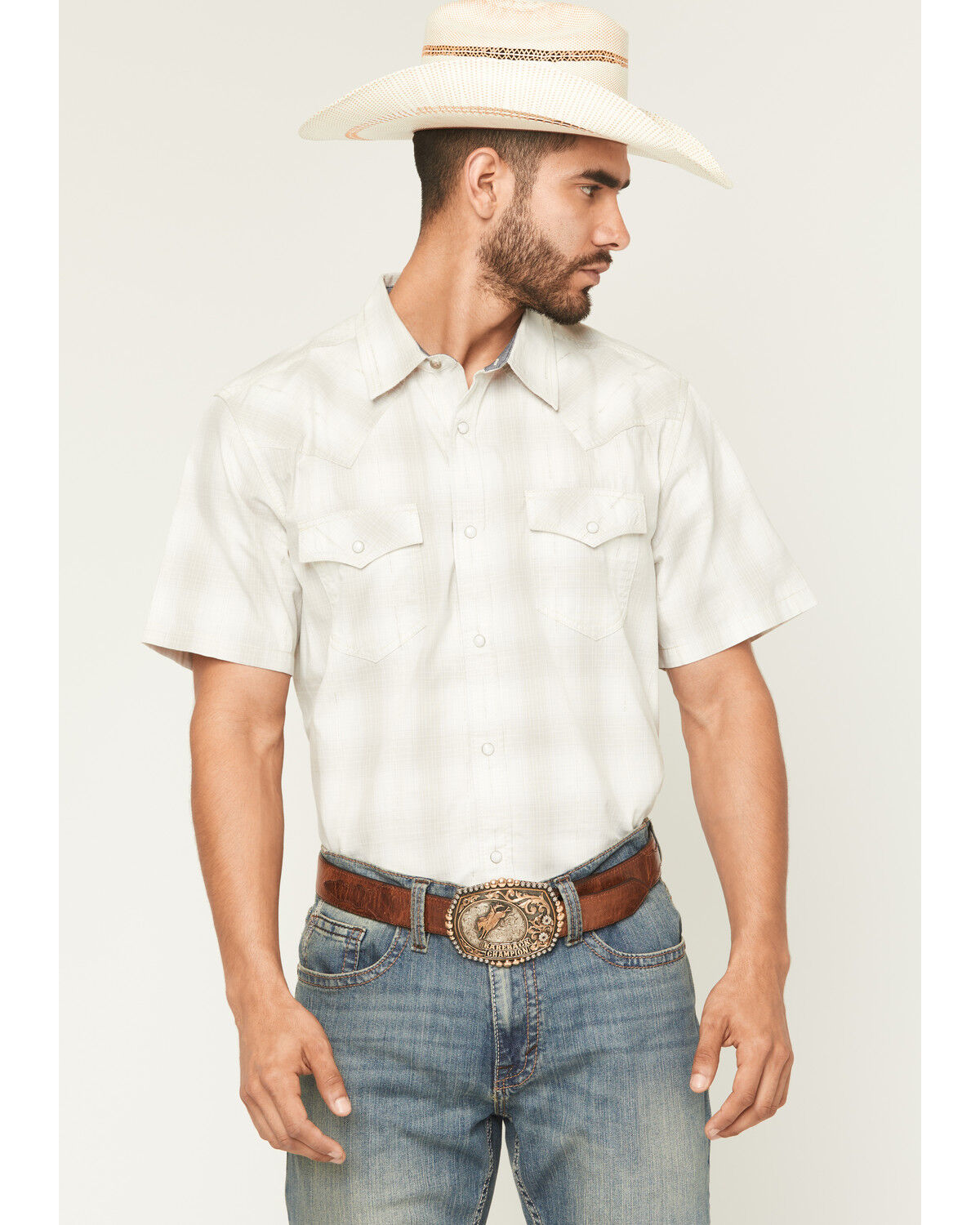 Image #1 - Cody James Men's Volcano Plaid Print Short Sleeve Snap Western Shirt, Grey, hi-res