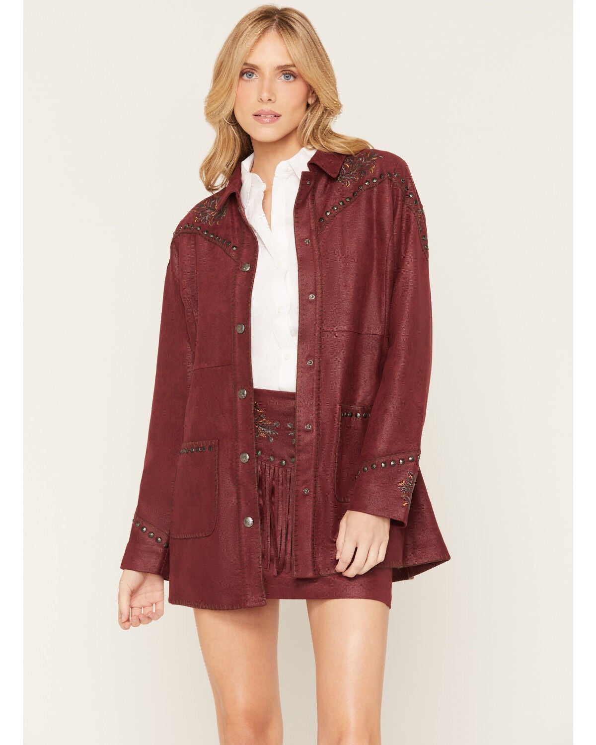 Image #1 - Shyanne Women's Faux Suede Metallic Embroidered Studded Jacket, Maroon, hi-res