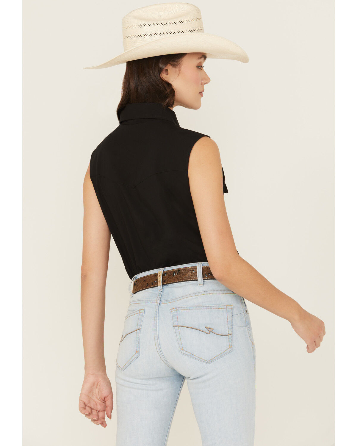 Image #4 - Cowgirl Hardware Women's Solid Sleeveless Rhinestone Snap Western Shirt, Black, hi-res