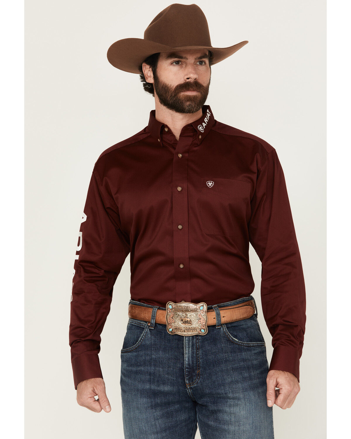 Image #1 - Ariat Men's Burgundy Team Logo Solid Twill Long Sleeve Western Shirt, Multi, hi-res