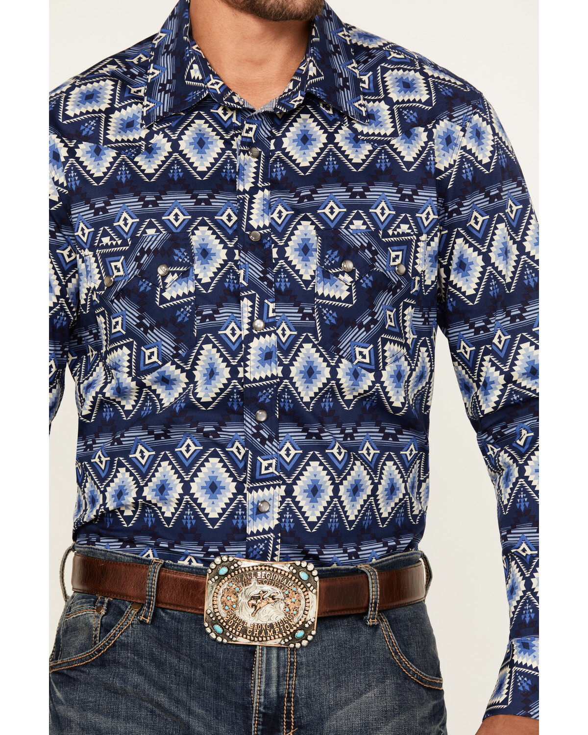 Image #3 - Rock & Roll Denim Men's Southwestern Print Long Sleeve Pearl Snap Stretch Western Shirt, Blue, hi-res