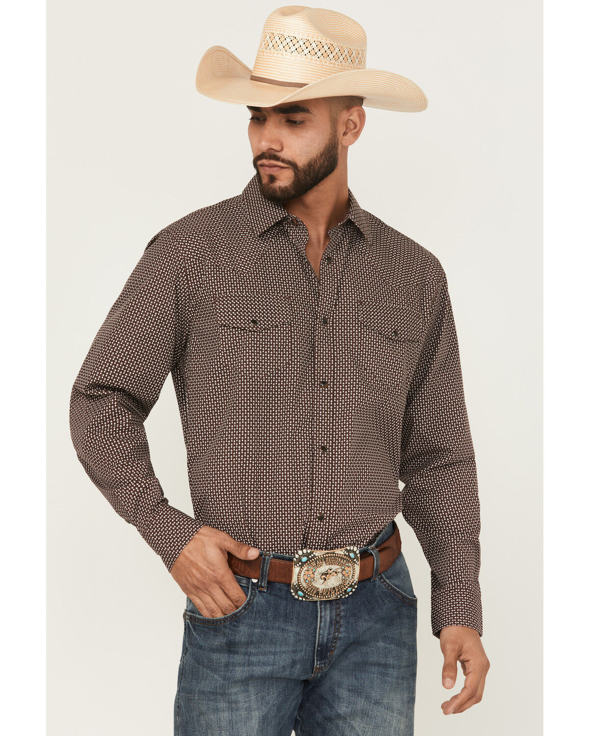 Image #1 - Gibson Trading Co Men's Mud Hole Geo Print Long Sleeve Snap Western Shirt, Brown, hi-res