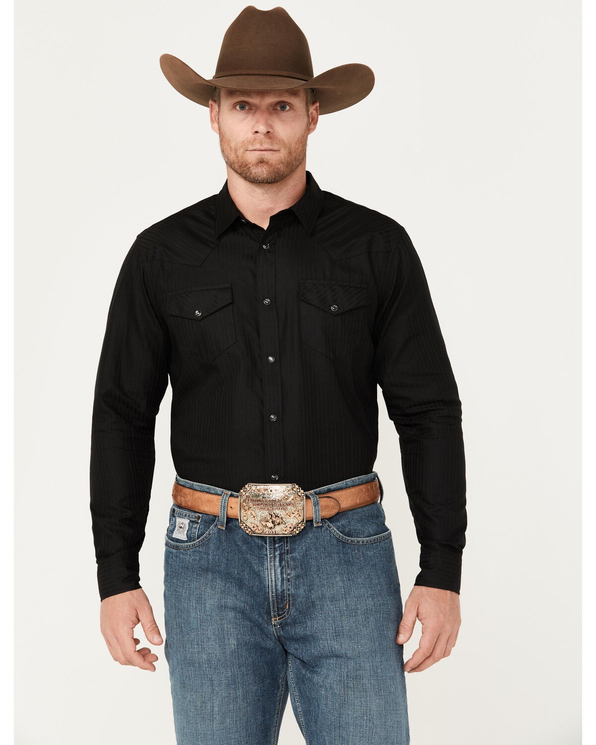 Gibson Men's Southside Satin Stripe Pearl Snap Western Shirt, Black, hi-res