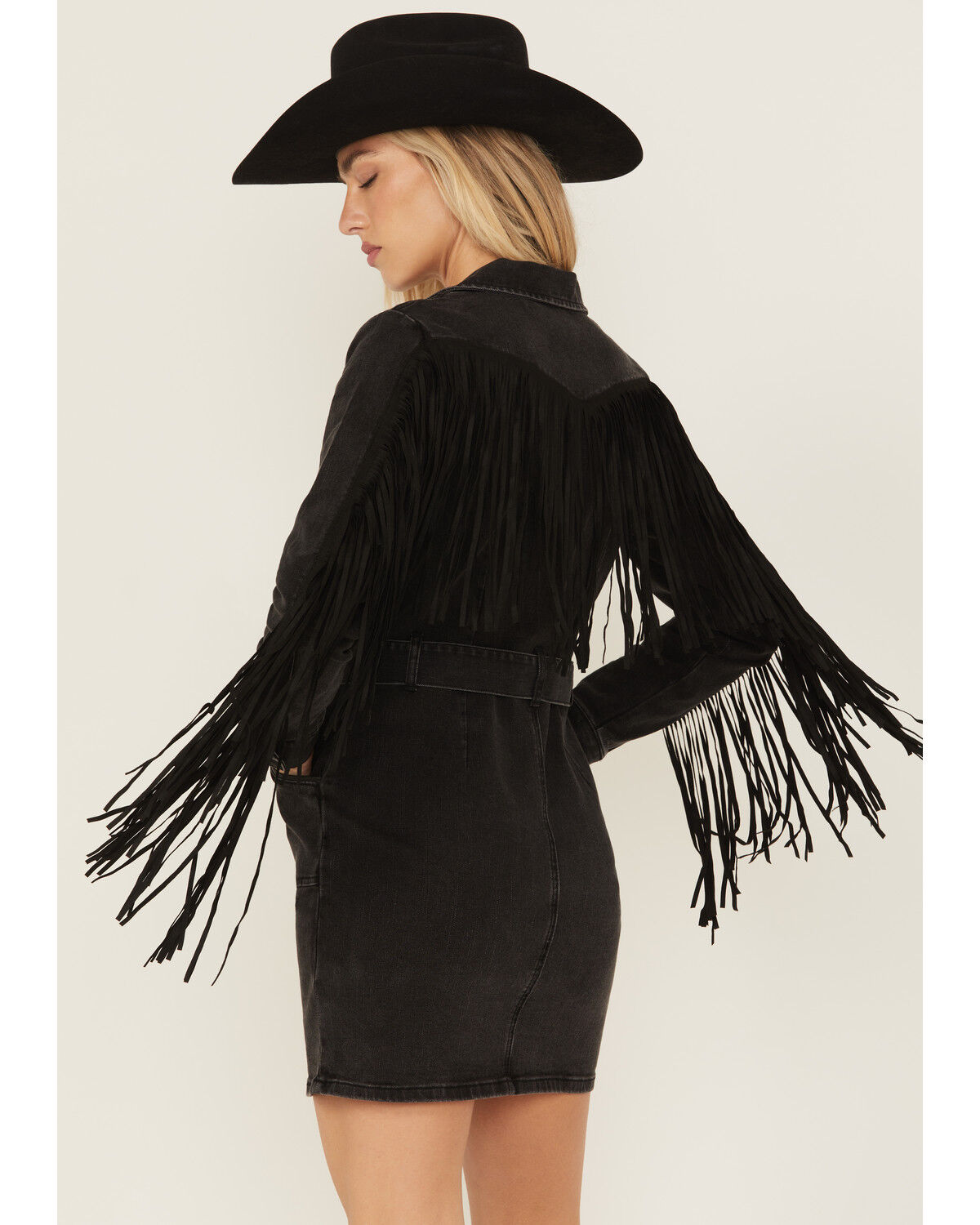 Image #4 - Idyllwind Women's Fringe Long Sleeve Stretch Denim Mini Dress, Black, hi-res