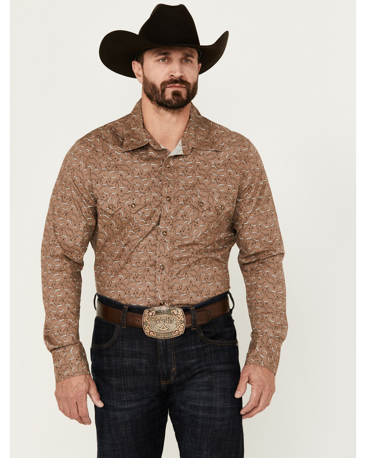 Image #1 - Rock & Roll Denim Men's Longhorn Print Long Sleeve Pearl Snap Stretch Western Shirt, Brown, hi-res