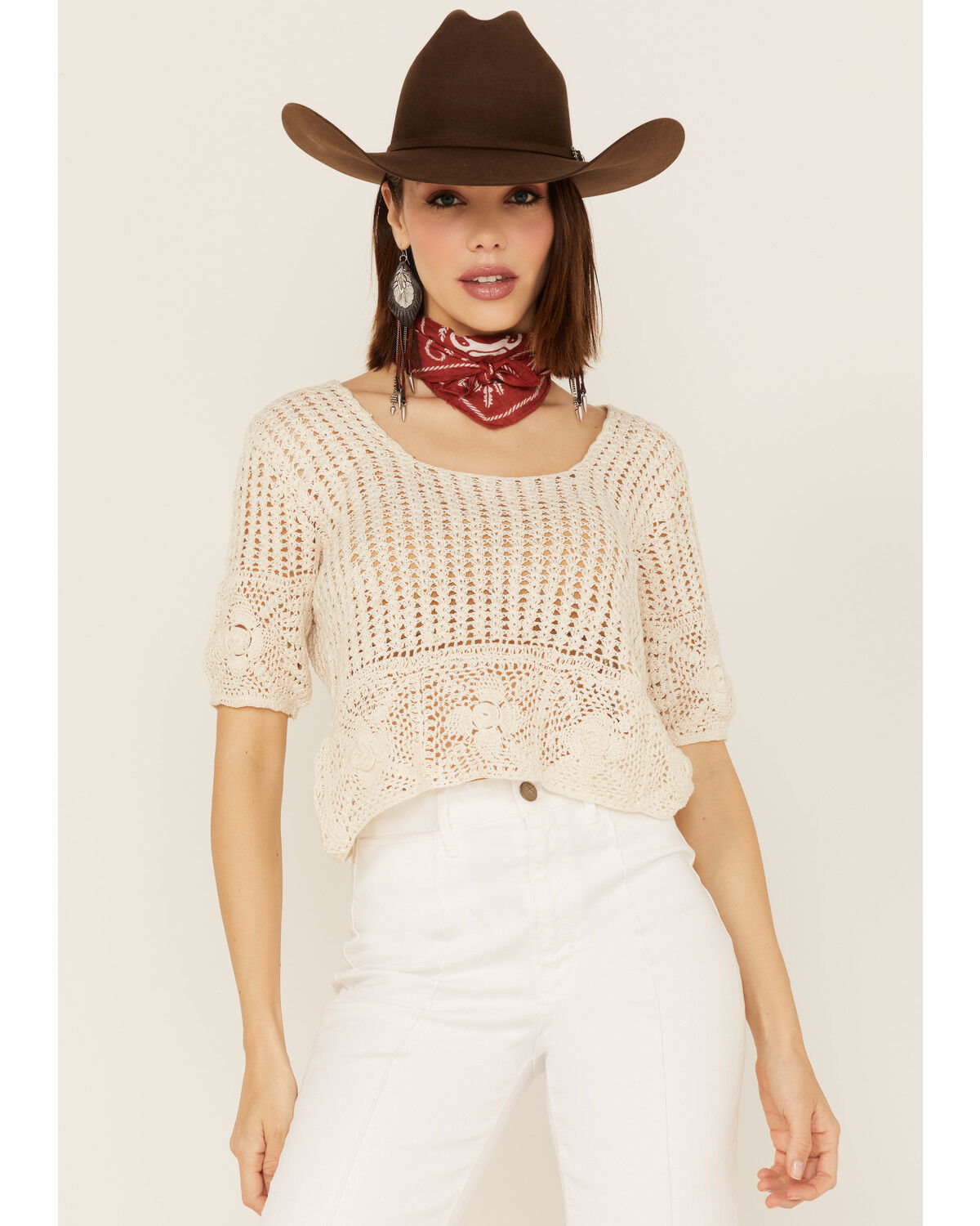 Image #1 - Sadie & Sage Women's Crochet Bestia Peplum Top, Natural, hi-res