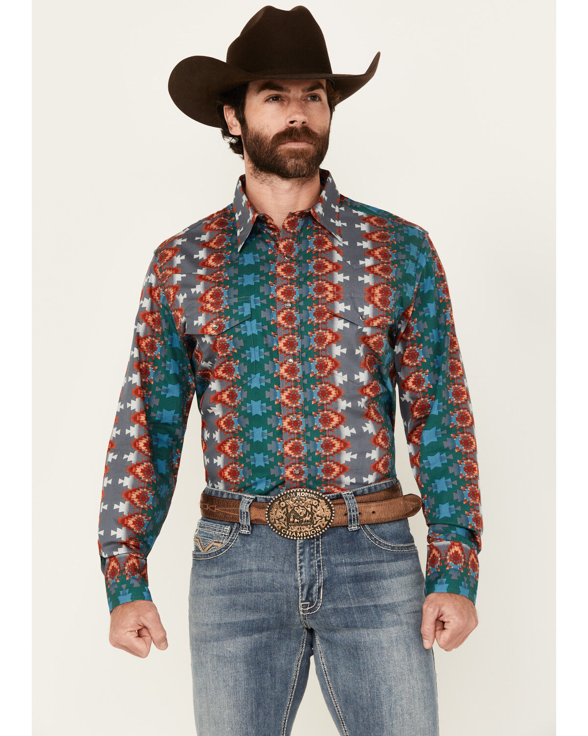 Image #1 - Wrangler Men's Checotah Southwestern Print Long Sleeve Snap Western Shirt - Big, Multi, hi-res