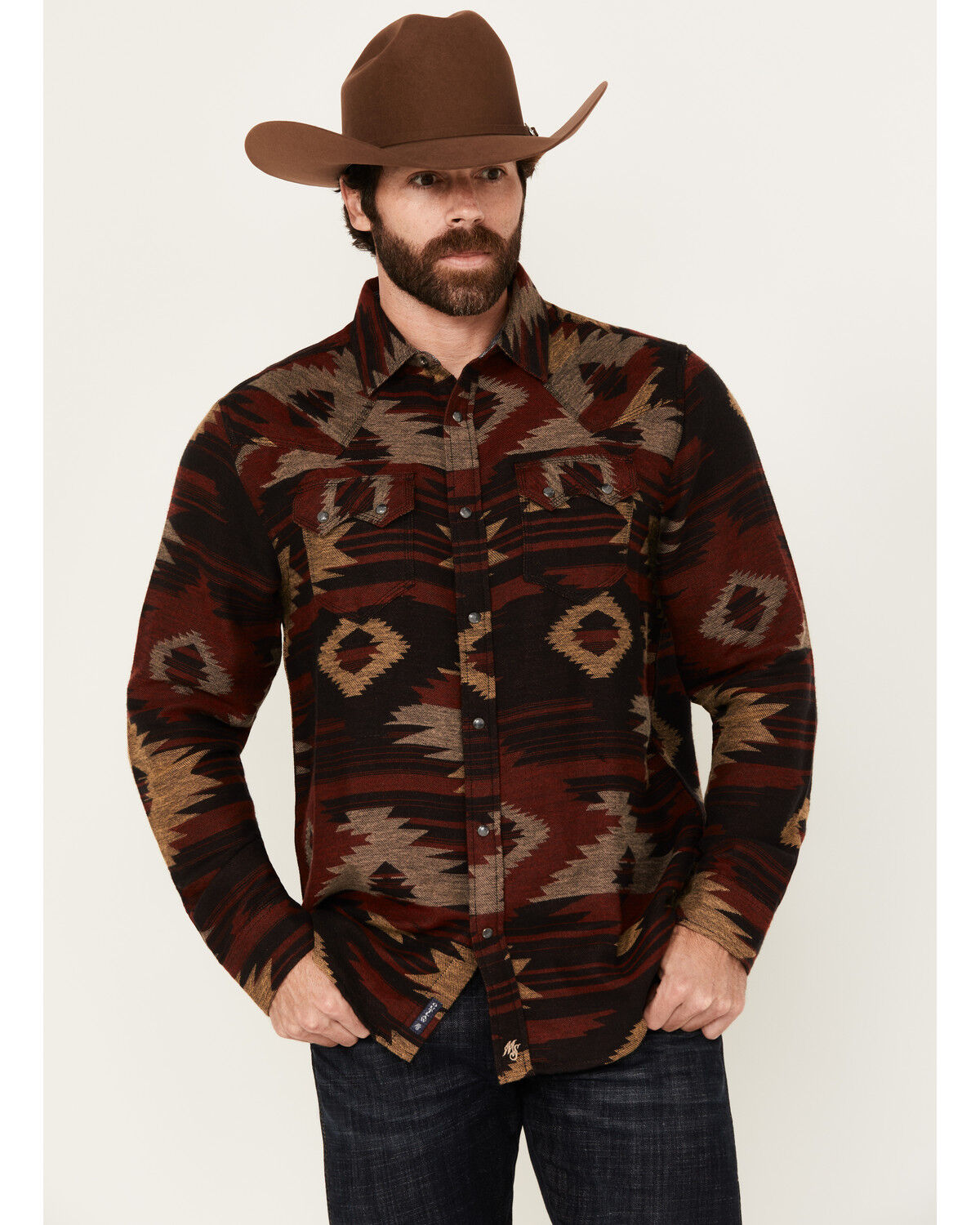 Image #1 - Moonshine Spirit Men's Spot Light Southwestern Print Long Sleeve Snap Western Shirt, Black, hi-res