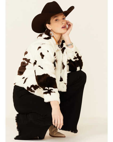 26 International Women's Cow Print Snap-Front Crop Shirt Jacket , Ivory, hi-res