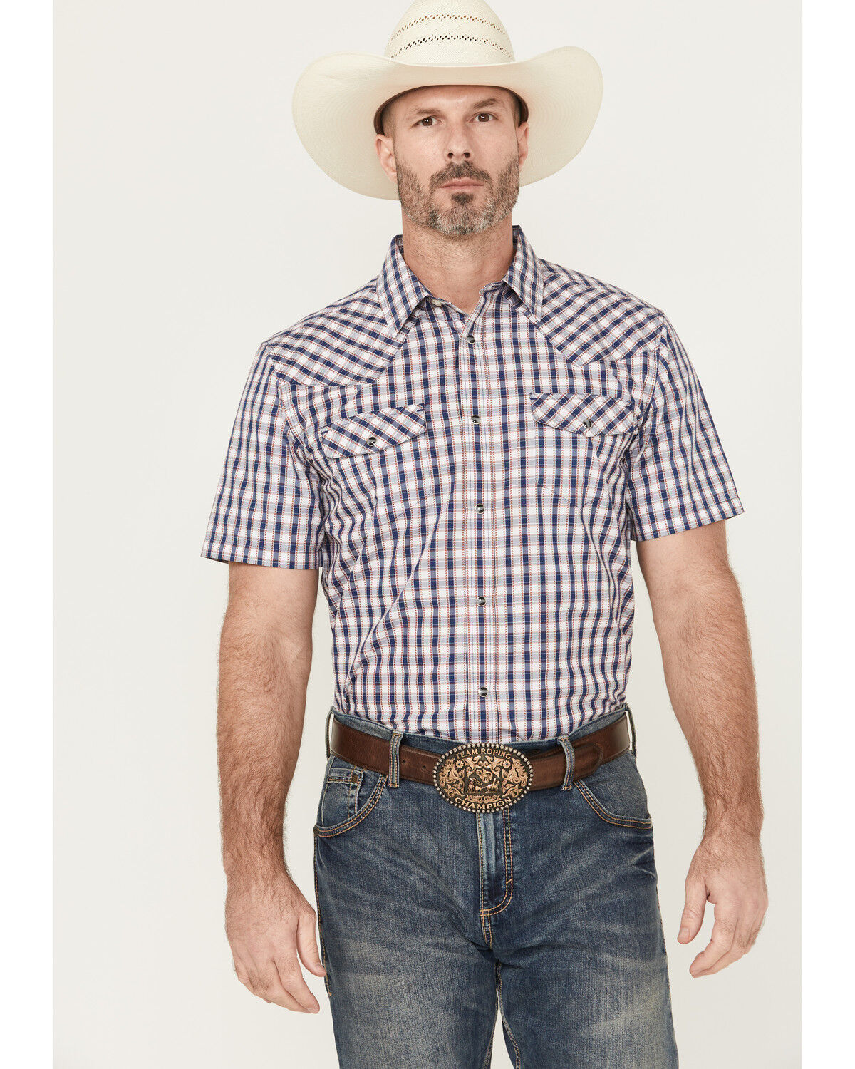 Image #1 - Gibson Trading Co Men's Pointed Arrow 2 Plaid Print Short Sleeve Snap Stretch Western Shirt, White, hi-res