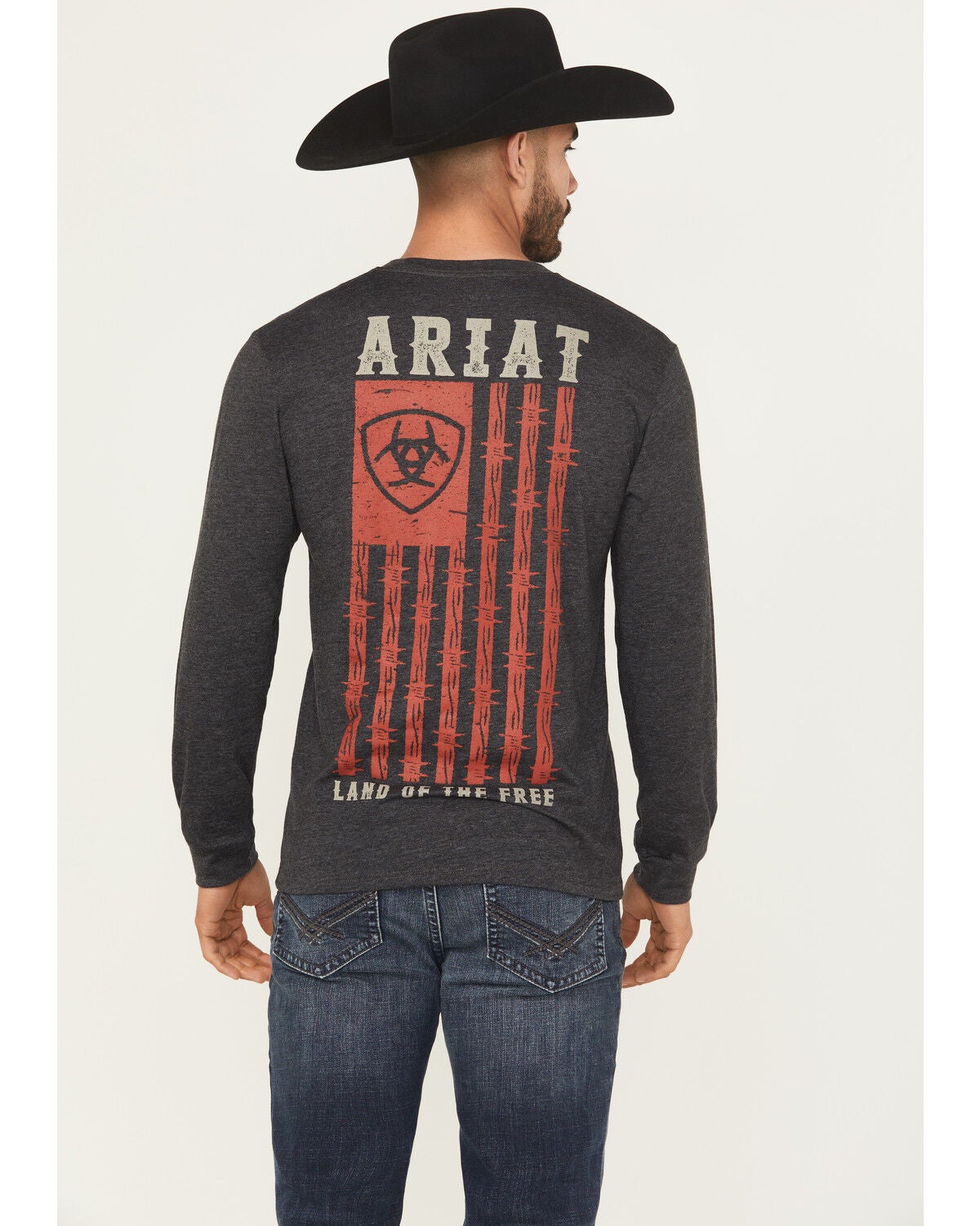 Ariat Men's Barbed Flag Logo Long Sleeve Graphic T-Shirt, Charcoal, hi-res