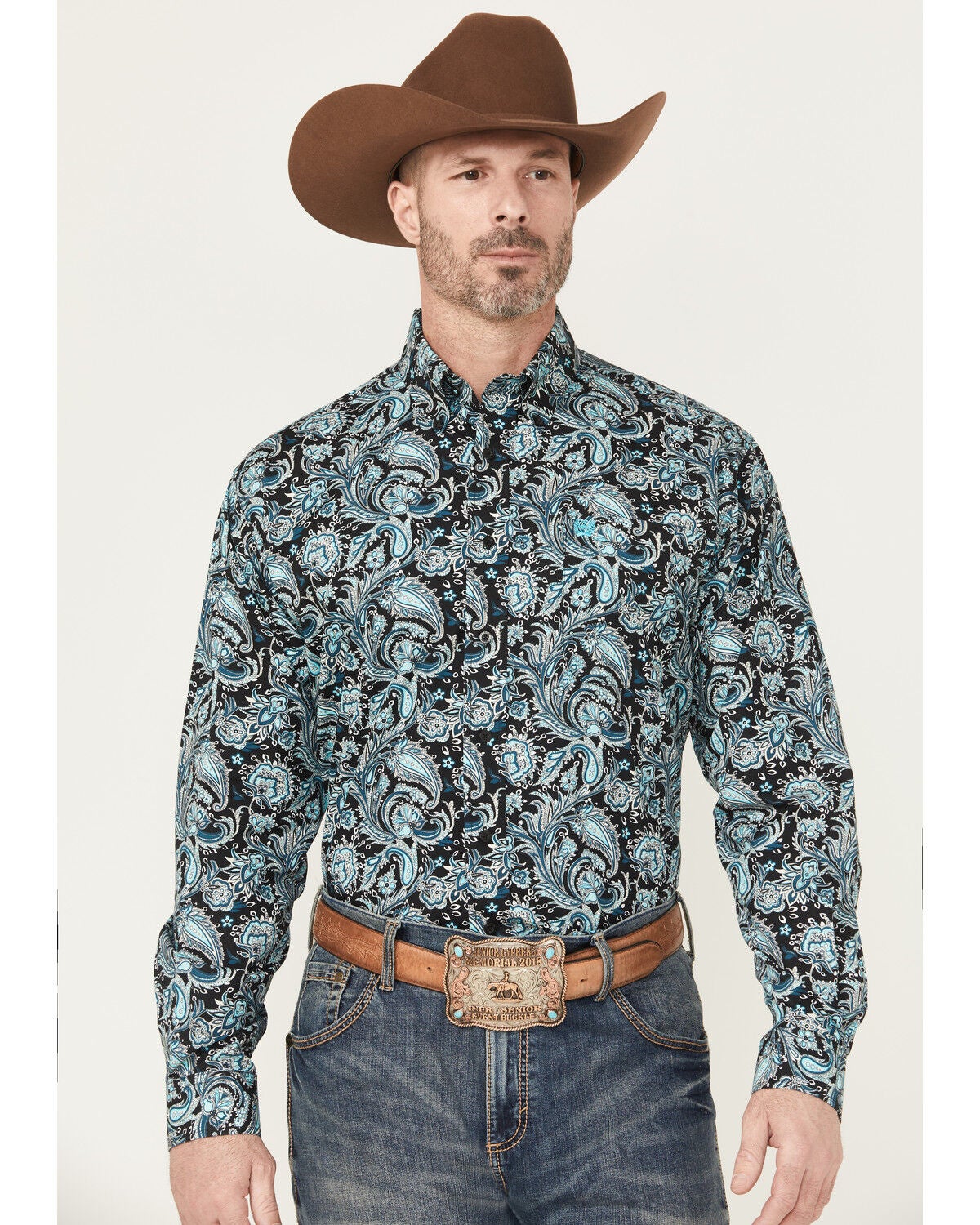 Cinch Men's Paisley Print Long Sleeve Button-Down Western Shirt, Black, hi-res
