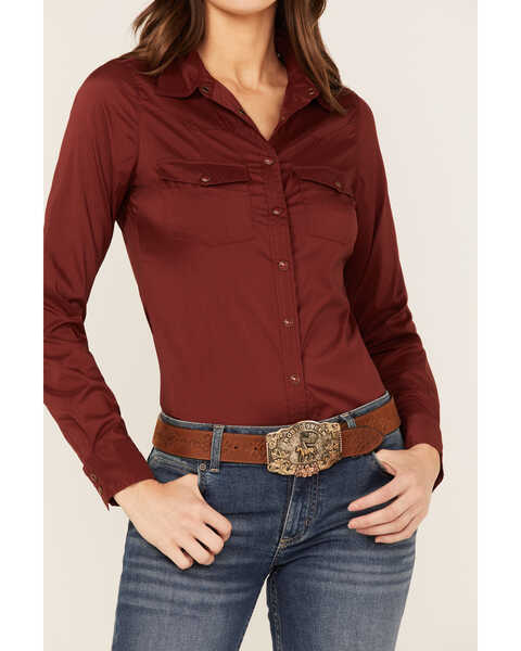 Image #3 - RANK 45® Women's Riding Solid Long Sleeve Snap Western Shirt, Fired Brick, hi-res