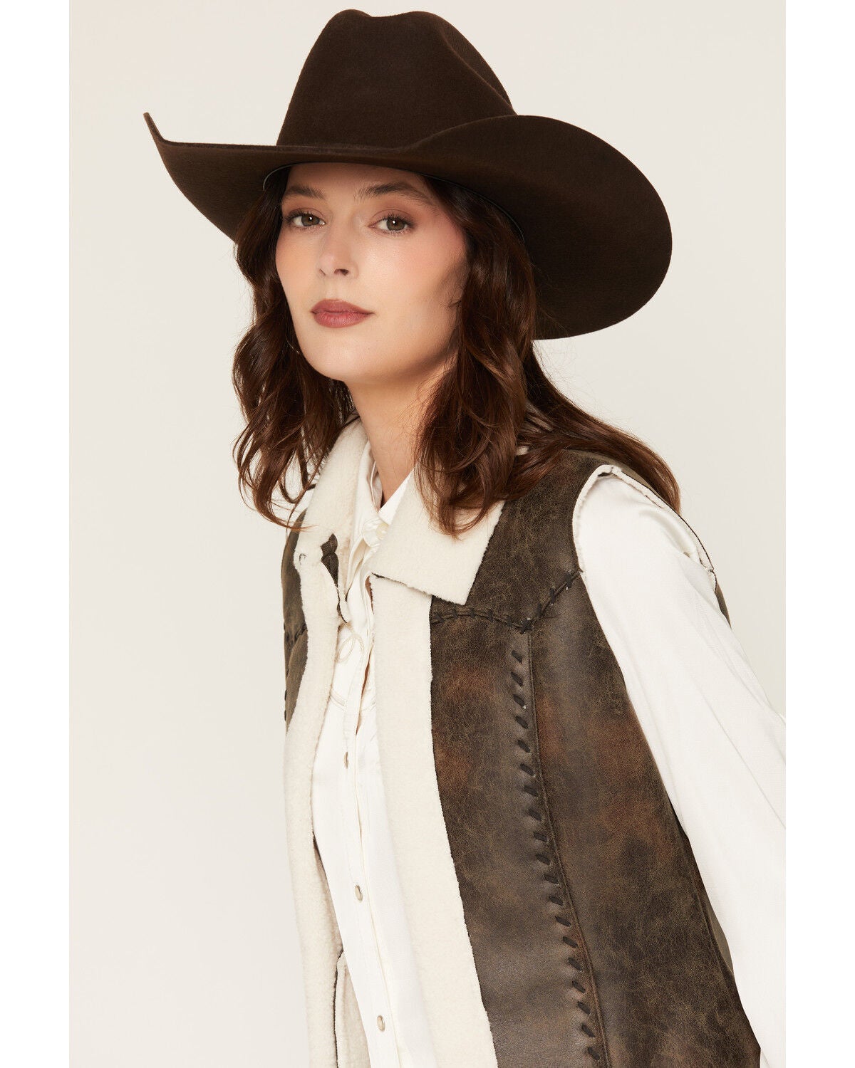 Image #2 - Cripple Creek Women's Faux Suede Shearling Vest, Dark Brown, hi-res