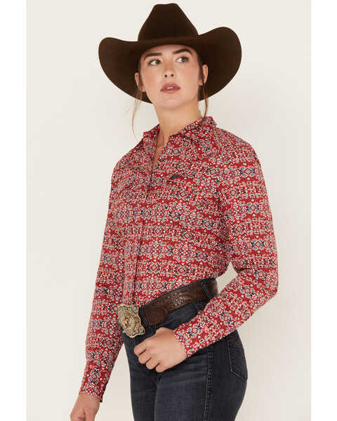 Image #2 - Cinch Women's Southwestern Print Long Sleeve Snap Western Shirt, Red, hi-res