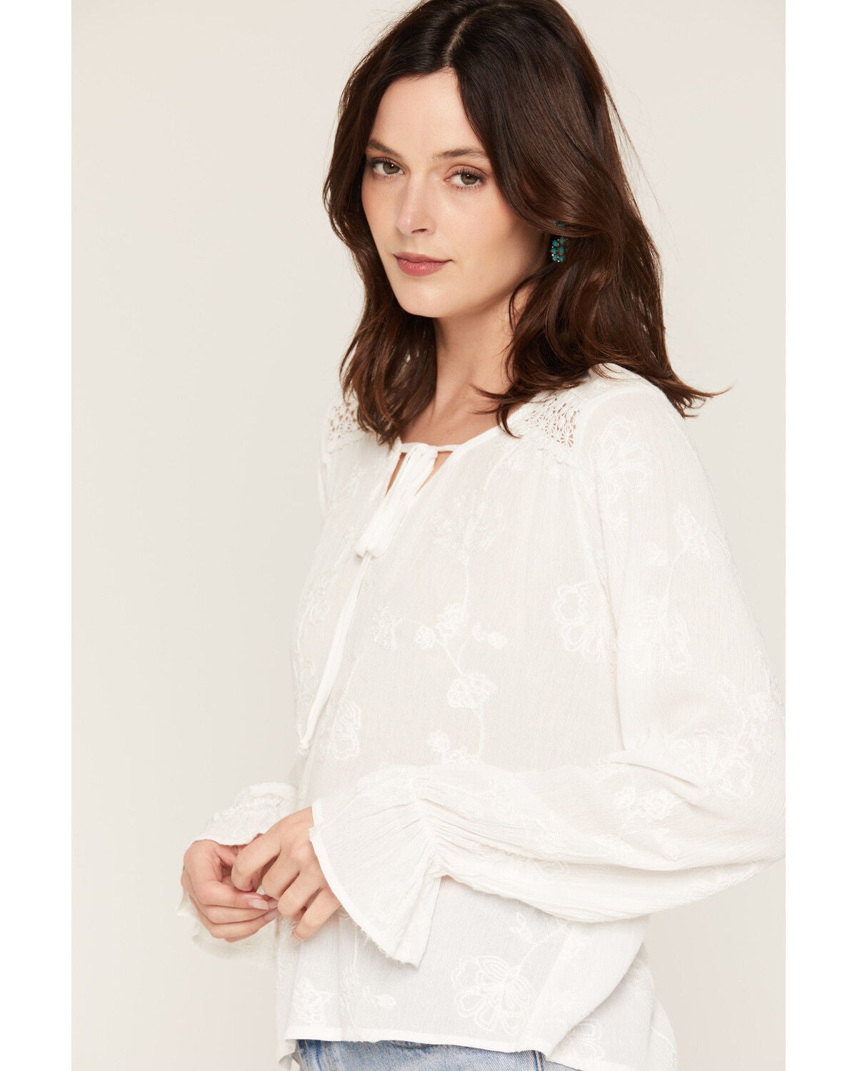 Image #2 - Wild Moss Women's Tonal Embroidered Long Sleeve Peasant Top, Ivory, hi-res