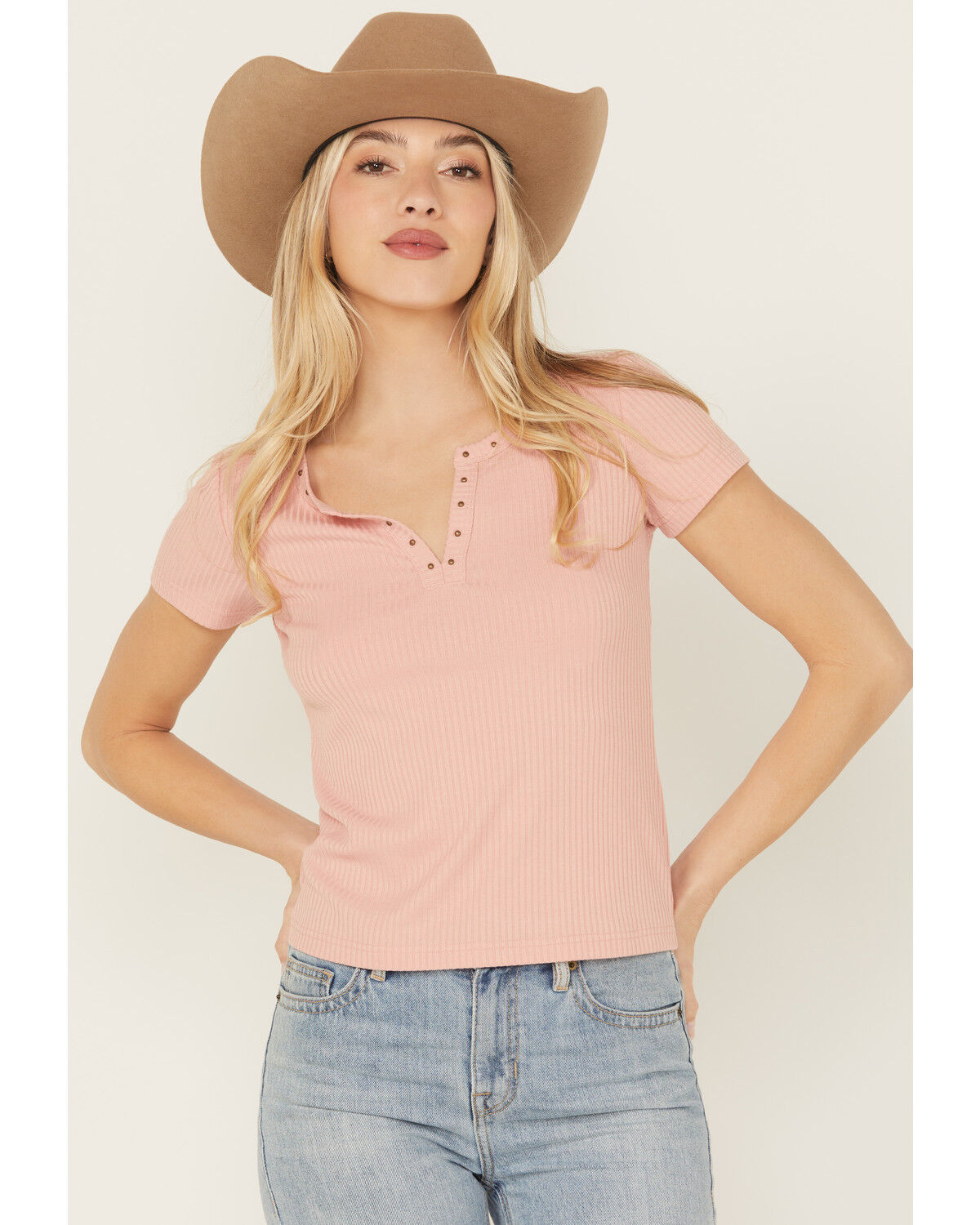 Image #1 - Shyanne Women's Studded Rib Knit V-Neck Top, Light Pink, hi-res