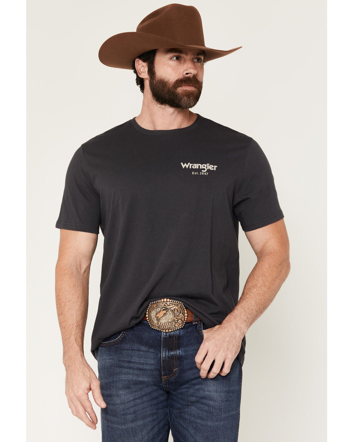 Image #2 - Wrangler Men's Boot Barn Exclusive Cowboy Logo Short Sleeve Graphic T-Shirt, Charcoal, hi-res