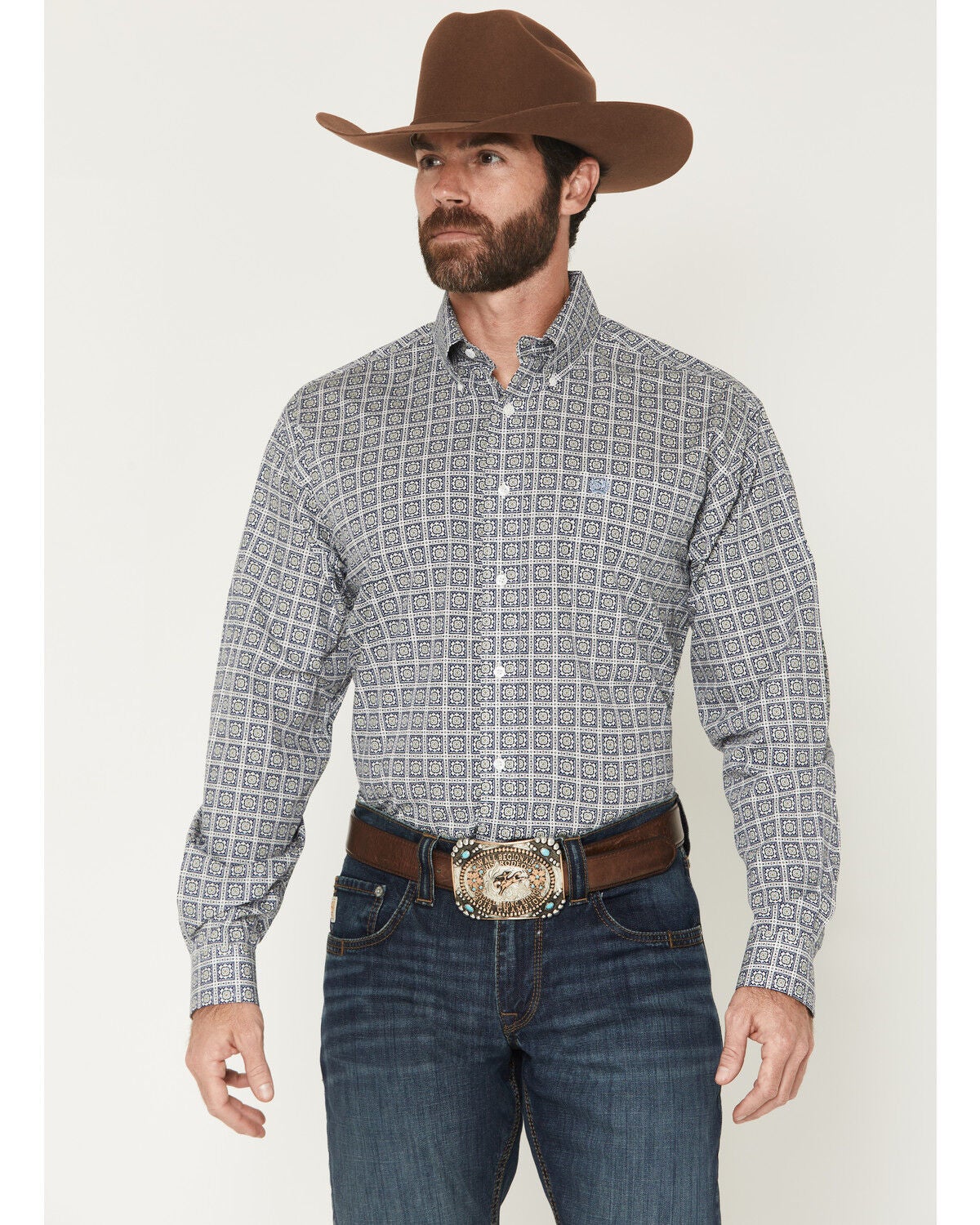 Cinch Men's Geo Print Long Sleeve Button-Down Western Shirt, Navy, hi-res