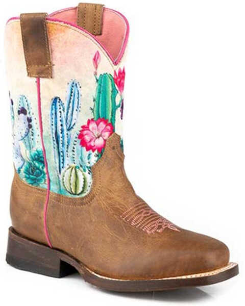 Roper Little Girls' Cacti Western Boots - Square Toe, Tan, hi-res
