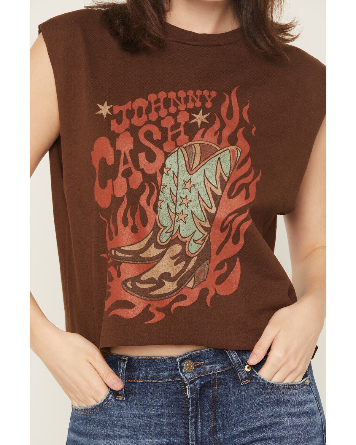 Image #3 - Merch Traffic Women's Johnny Cash Boot Muscle Tank, Brown, hi-res