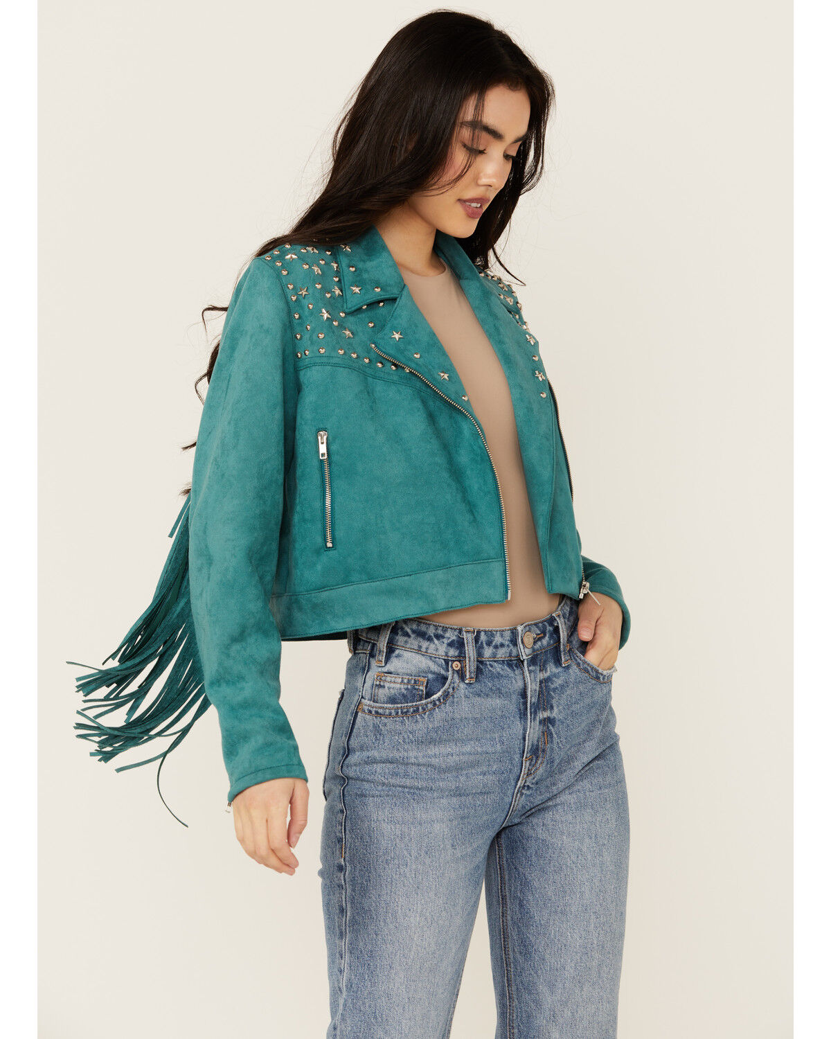Image #1 - Rock & Roll Denim Women's Faux Suede Moto Fringe Jacket, Teal, hi-res