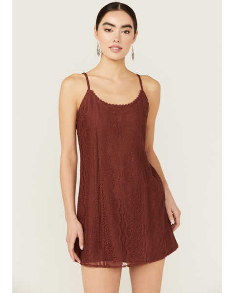 Image #1 - Shyanne Women's Lace Slip Mini Dress , Brown, hi-res