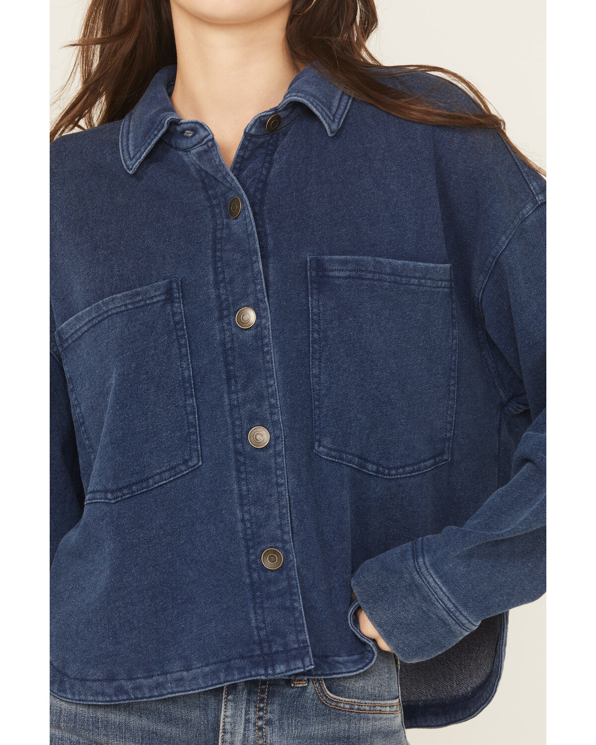 Image #3 - White Crow Women's Denim Knit Long Sleeve Button-Down Cropped Shacket, Dark Blue, hi-res