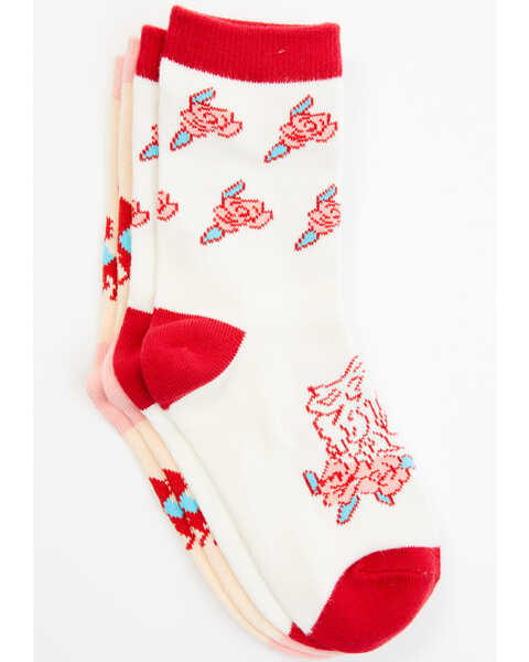 RANK 45® Girls' Floral & Horse Print Crew Socks - 2-Pack, Pink, hi-res