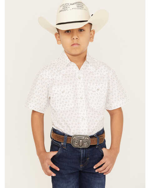 Ely Walker Boys' Southwestern Geo Print Short Sleeve Snap Western Shirt, White, hi-res