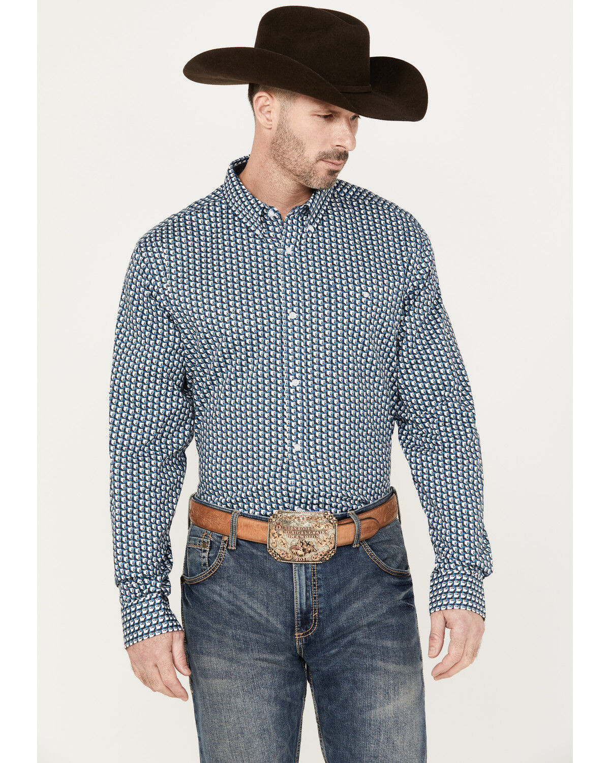 Image #1 - RANK 45® Men's Chute Gate Geo Print Long Sleeve Button-Down Western Shirt, Teal, hi-res