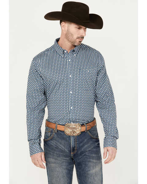 RANK 45® Men's Chute Gate Geo Print Long Sleeve Button-Down Western Shirt, Teal, hi-res