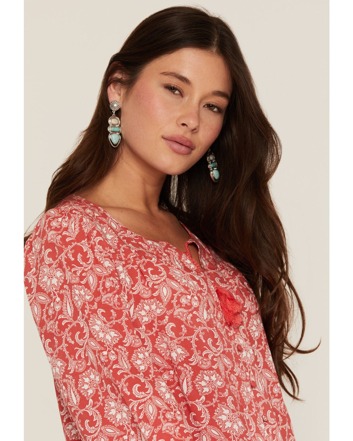 Image #2 - Panhandle Women's Floral Paisley Print Long Sleeve Peasant Top, Red, hi-res
