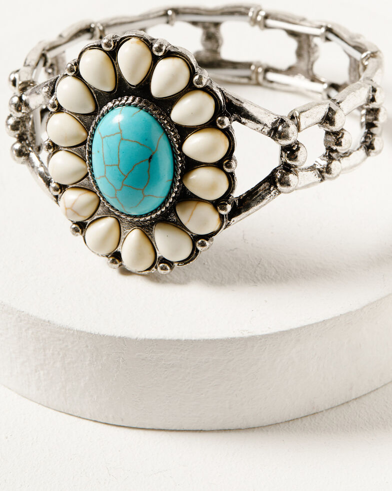 Shyanne Women's Desert Charm Turquoise & Bone Concho Stretch Bracelet, Silver, hi-res