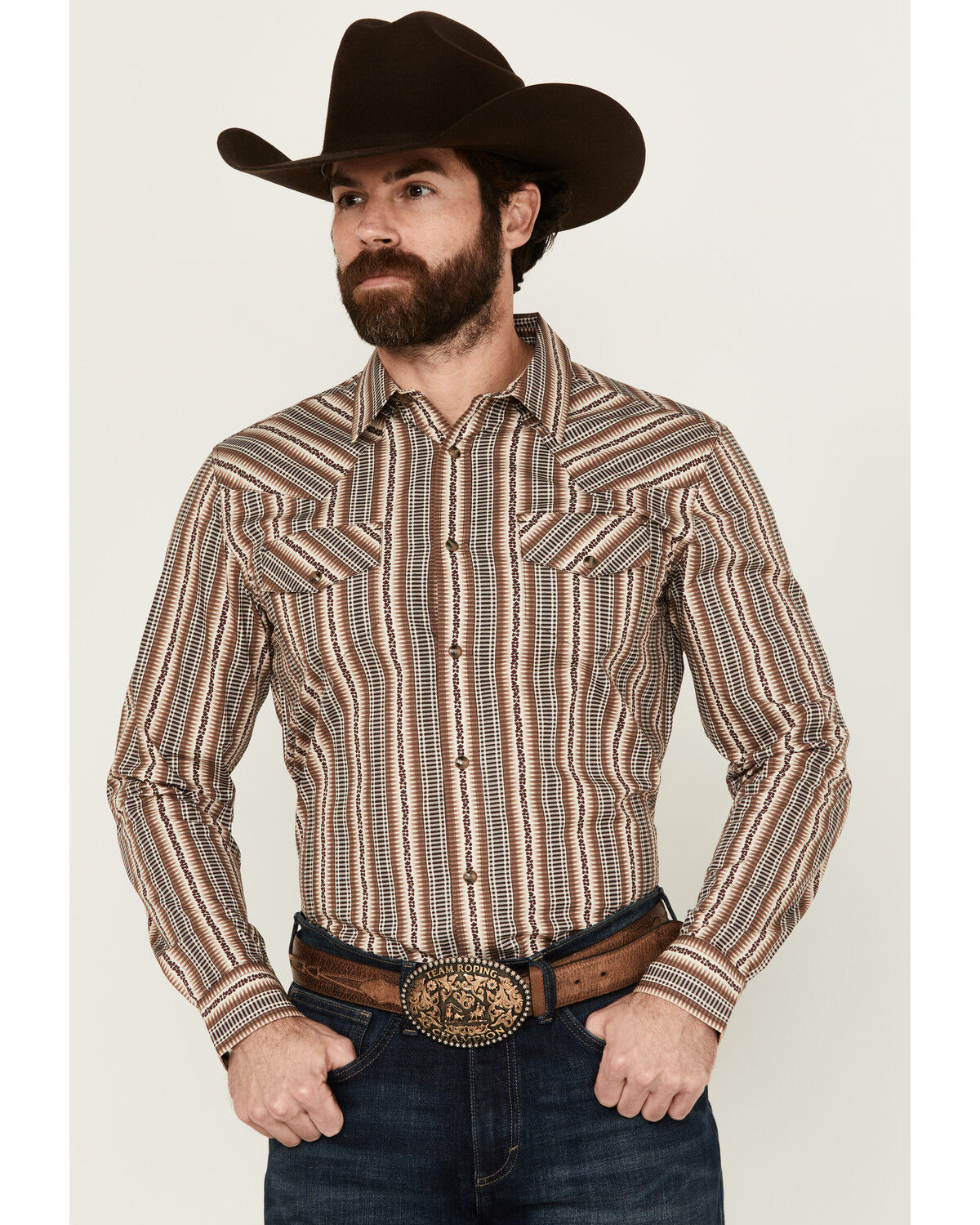 Image #1 - Gibson Men's Show Downer Floral Striped Long Sleeve Snap Western Shirt, Brown, hi-res